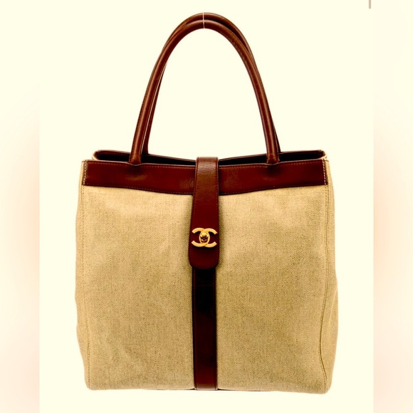 Chanel flap CC turnlock brown leather and canvas beige tote bag handbag - Picture 1 of 9